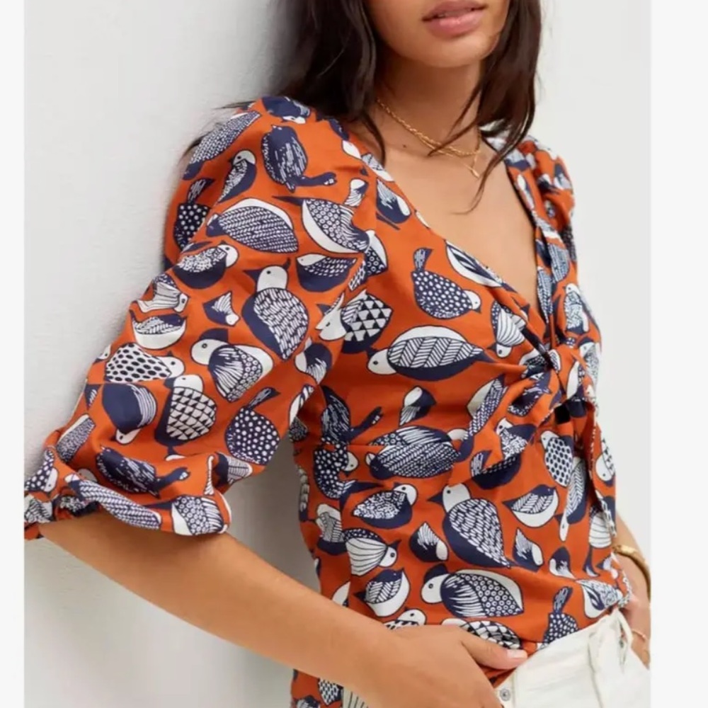 Eva Franco bird print sweetheart tropical blouse